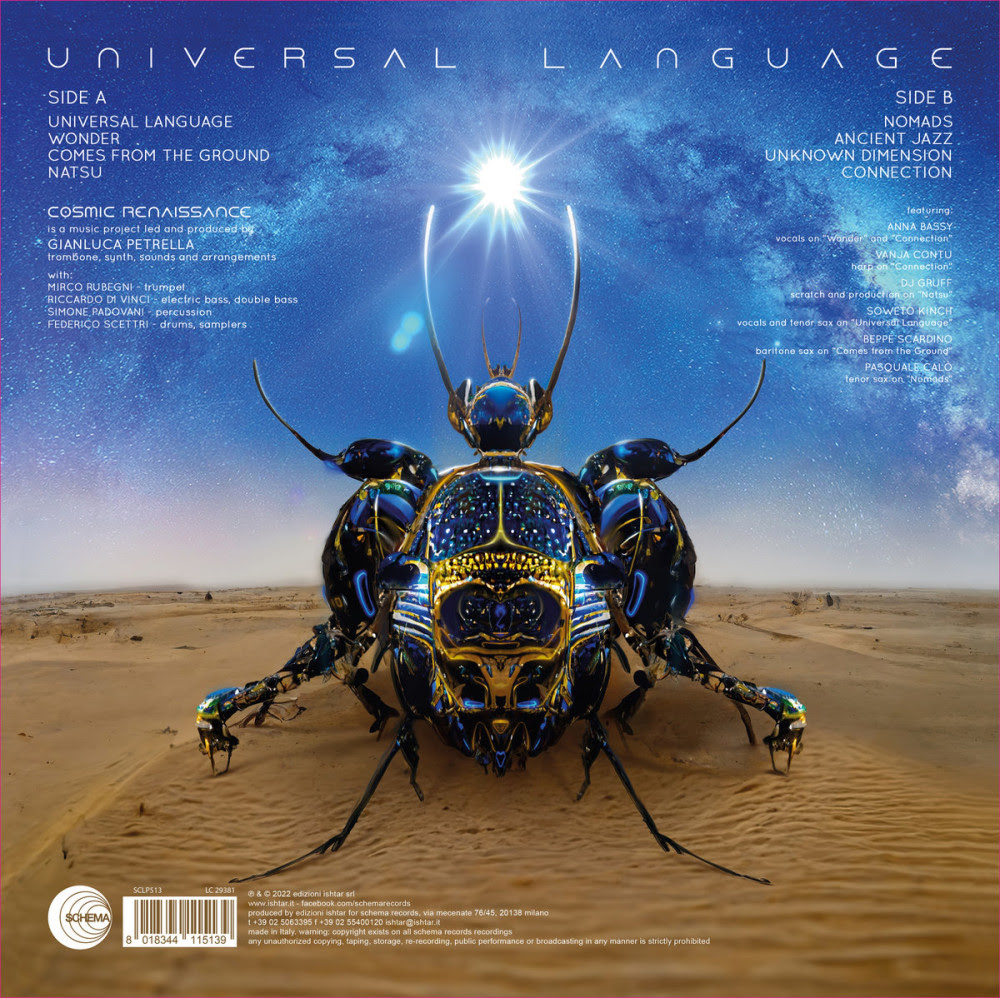 Retro del disco Universal Language, nuovo album dei Cosmic Renaissance di Gianluca Petrella - artwork by V3RBO
