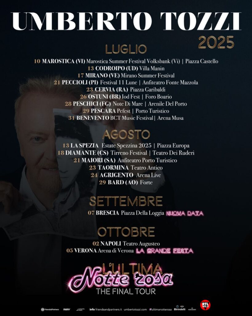 L'ultima notte rosa - The Final Tour per Umberto Tozzi Grafica tour con le date a luglio, agosto, settembre e ottobre aggiornate