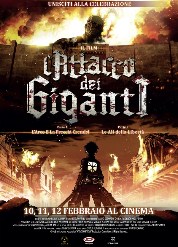 poster L’Attacco dei Giganti – il film. Parte 1 – L’Arco e la Freccia Cremisi e Parte 2 – Le Ali della Libertà