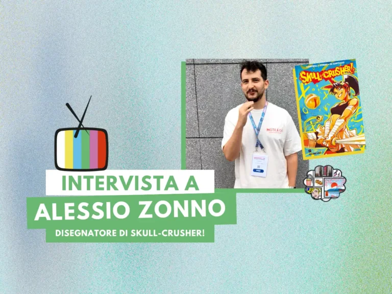 Skull-Crusher! Di nome e di fatto – Intervista ad Alessio Zonno una foto di Alessio Zonno, dall'intervista di Angelo Giannone, e la copertina di Skull Crusher! nella composizione da Canva, licenza d’uso