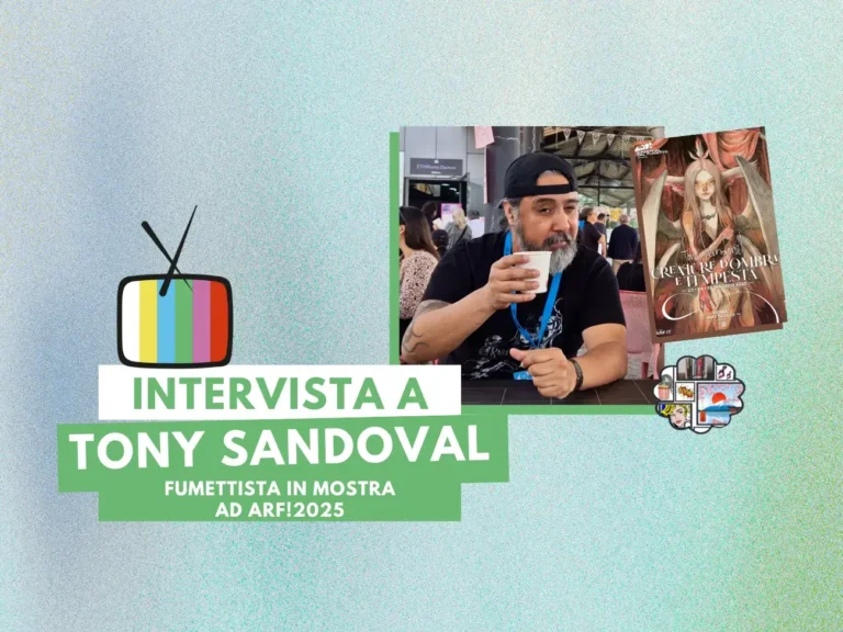 Tony Sandoval nella foto di Francesco Ariani e Angelo Giannone e la locandina della mostra, nella composizione da Canva, licenza d’uso