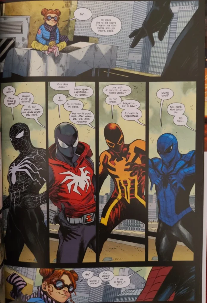 Questa divertente tavola contiene non solo diversi omaggi ad alcuni costumi storici di Spider-Man