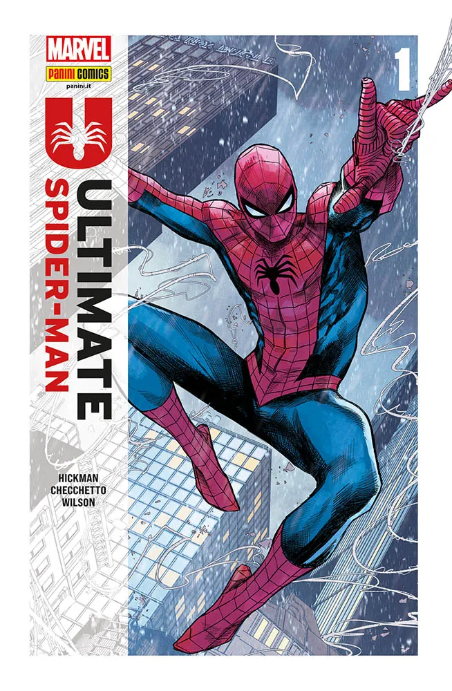 la cover del primo volume di Ultimate Spider-Man, di Jonathan Hickman, Marco Checchetto, David Messina, Matthew Wilson, edito da Panini Comics nella collana Marvel Collection