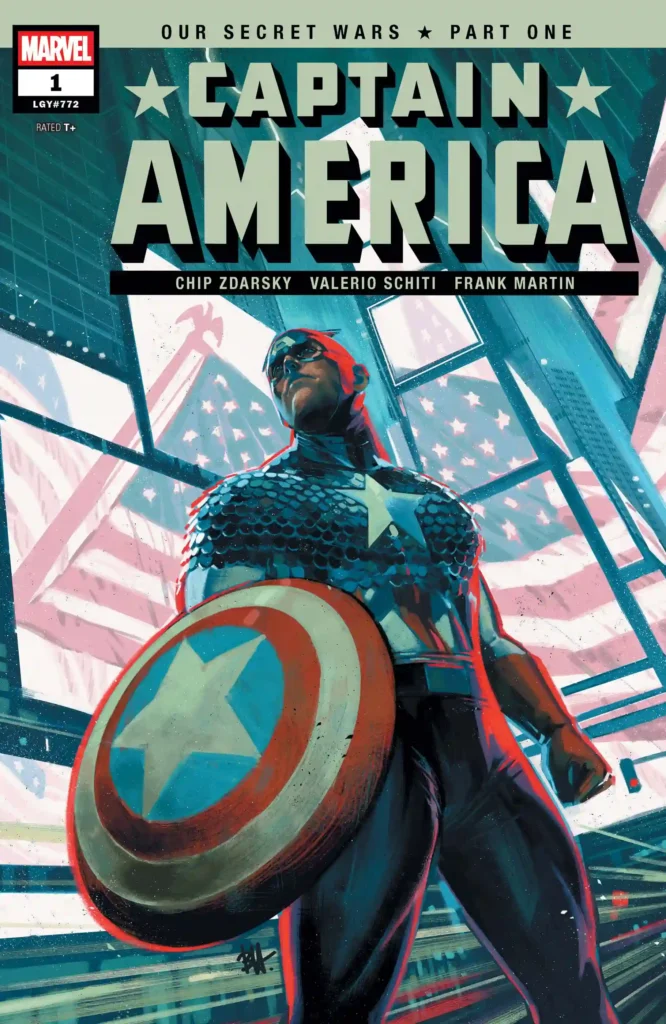 la cover di Ben Harvey del primo volume di Captain America - Our Secret Wars, con sceneggiatura di Chip Zdarsky e disegni di Valerio Schiti, edito negli Stati Uniti da Marvel (2025)