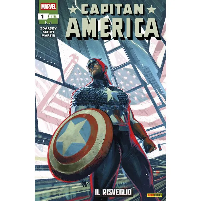 la cover regular del primo numero di Capitan America, di Valerio Schiti e Chip Zdarsky, nell'edizione italiana di Panini Comics (2025)