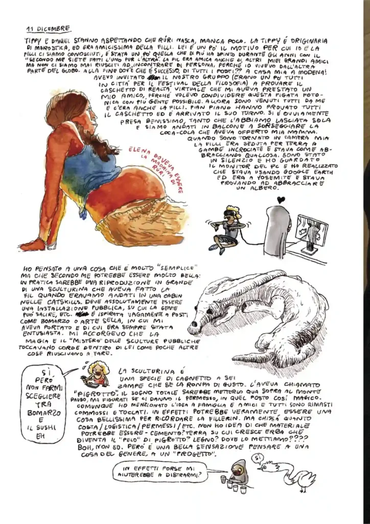 Una tavola del fumetto. Come si può notare, la struttura è molto libera e contiene indicazioni cronologiche.